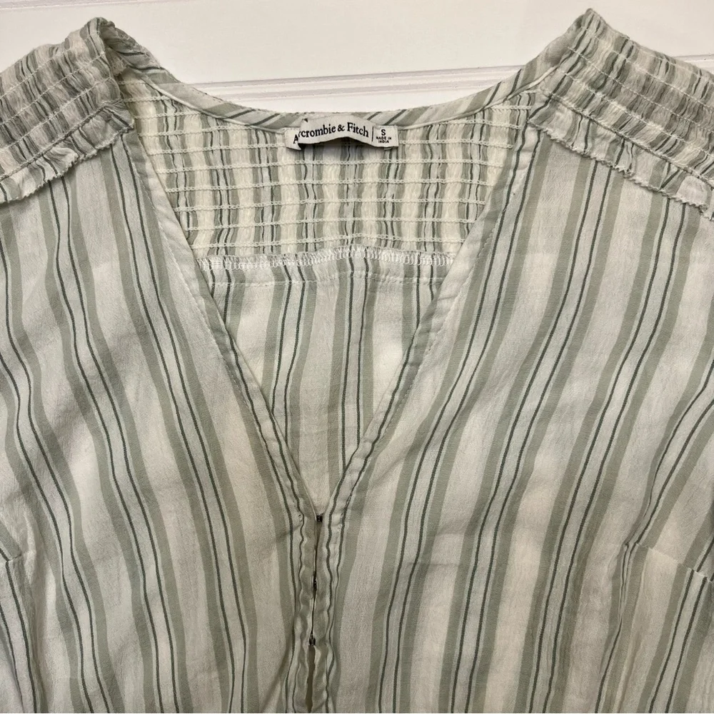 Abercrombie & Fitch White & Green Striped Half Sleeve‎ Ruffled Cropped Blouse S
